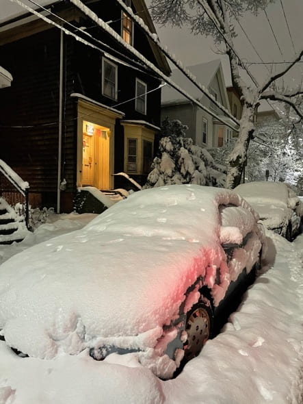 Parked cars covered in snow.